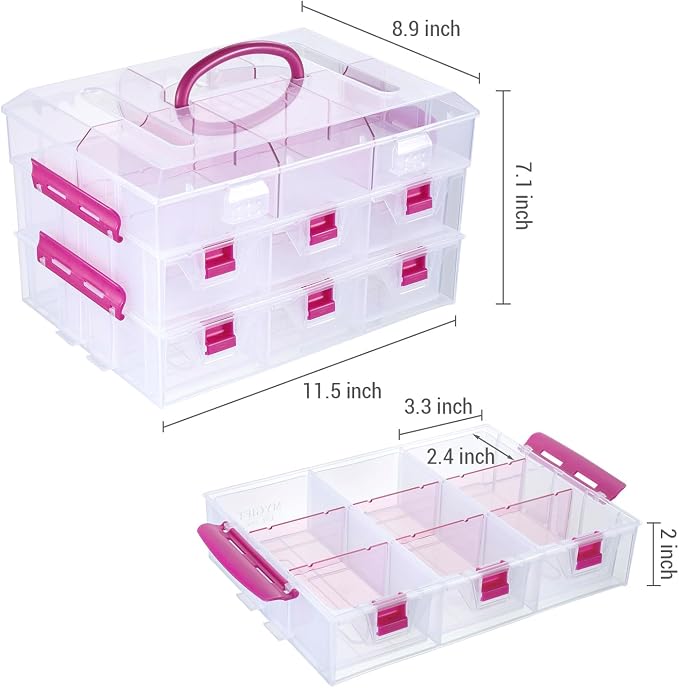 MyGift 11 Inch Clear Arts and Crafts Stackable Container, Sewing Supplies Storage Organizer Case with Pink Accents, 24 Customizable Compartments, and 6 Drawers with Removable Dividers - Image 6