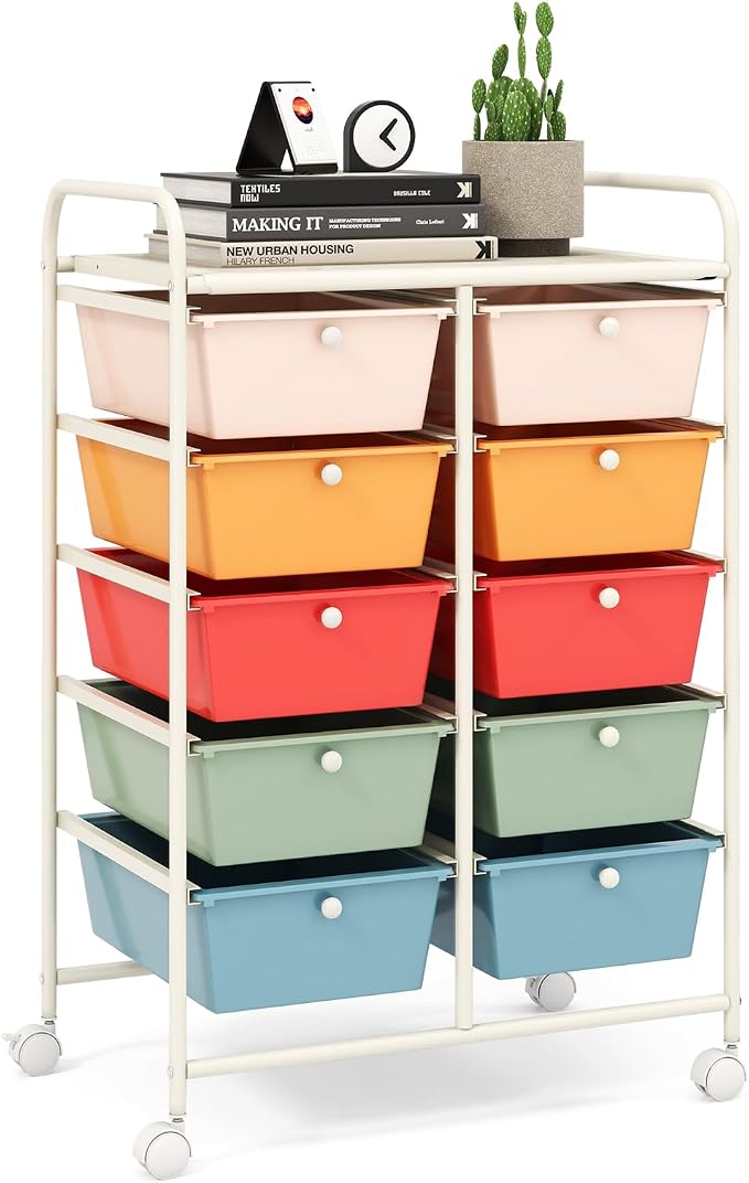 10 Drawer Rolling Cart, Storage Cart Organizer on Wheels, Drawer Cart with Metal Frame & Large Storage Capacity, Rolling Cart with Drawers for Living Room Classroom, Office by LDAILY