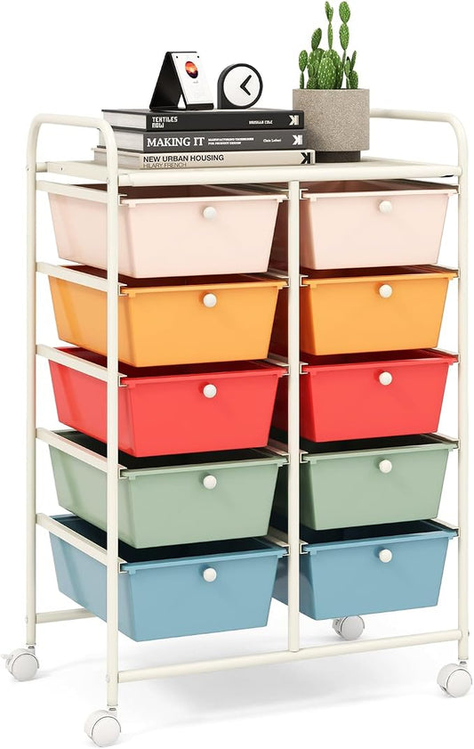 10 Drawer Rolling Cart, Storage Cart Organizer on Wheels, Drawer Cart with Metal Frame & Large Storage Capacity, Rolling Cart with Drawers for Living Room Classroom, Office by LDAILY
