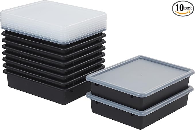 ECR4Kids Letter Size Plastic Tray Organizer with Lids, Small, Storage Bins, Black, 10-Piece | Durable plastic, GREENGUARD Gold Certified, 2 gallon capacity, stackable/nestable, easy-lift lids, classroom & home use by ECR4Kids