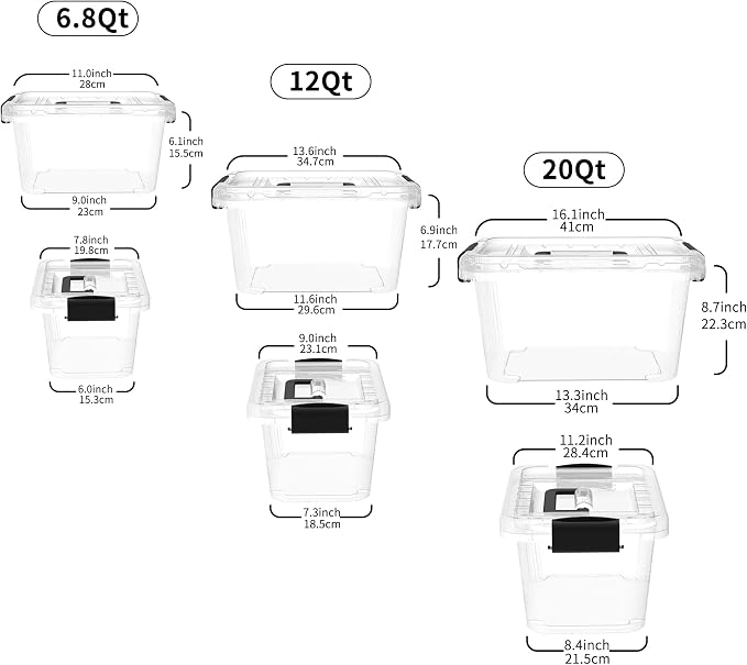 Cetomo Storage Boxes, Storage Box with Lids and Handle for Home Dorm Office Organization, Stackable Nesting Tote Container, Plastic, Clear, 6L 10L 18L-3 Pack - Image 3