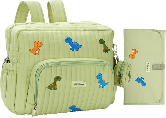 Diaper Bag Backpack with Changing Pad - Travel Baby Bag, Insulated Bottle Pockets, Stroller Straps (Medium - Green Dinosaurs) by GoBabyMart