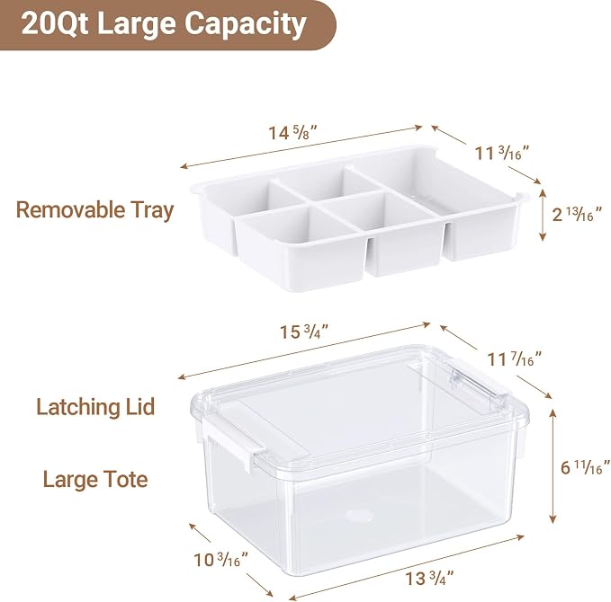 20Qt Stackable Storage Bin with Lid Tray Craft Box Organizer, 1Pack,WH | Clear Plastic Latching Boxes Organizers with Dividers Portable Containers for Arts & Crafts, Home Office Classroom Car Trunk - Image 2