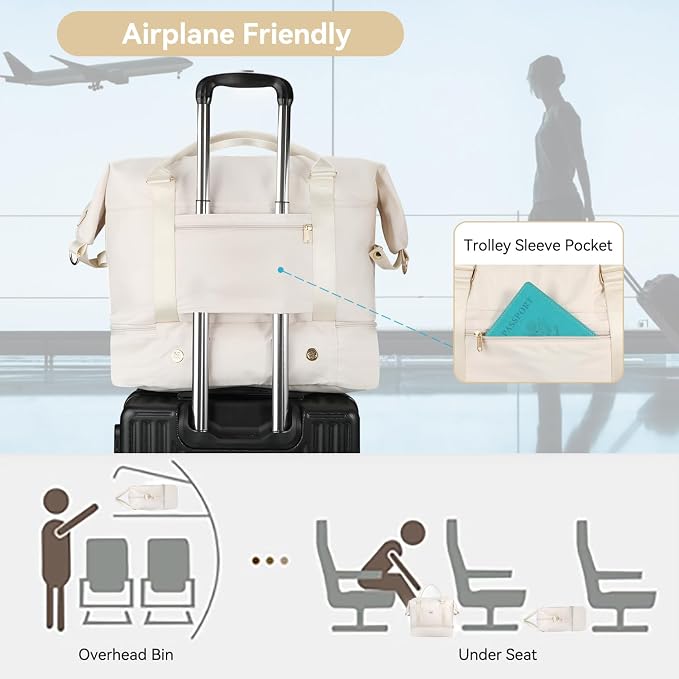 Voova Weekender Duffle Bag Set with Shoe Compartment, 4 Piece, Beige | Carry-on travel set includes weekender, shoe bag, toiletry bag and makeup pouch for organized overnight trips - Image 5
