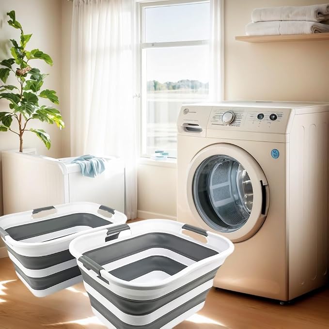 SAMMART Set of 2 Collapsible Plastic Laundry Basket/Organizer-Washing Tub-Foldable Pop Up Storage Container-Space Saving/Portable Hamper. Ideal for Home, Travel, Dorm & Camping (White/Steel Grey, 30L) - Image 2