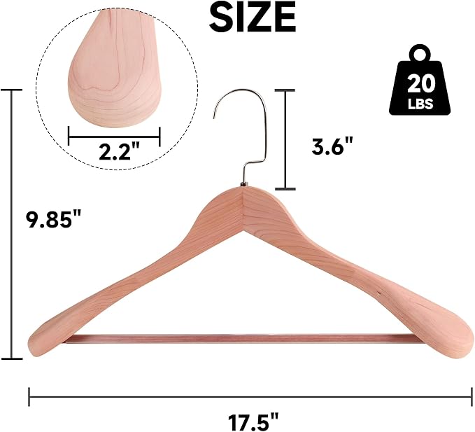 17.5" Wooden Suit Hangers, Non Slip Pants Bar, Cedar Wood, 36-Pack | Wood Extra-Wide Shoulder Hangers with Flat-Head Hook for Suits, Coats, Jackets, Shirts, Pants, Heavy Clothes - Image 2