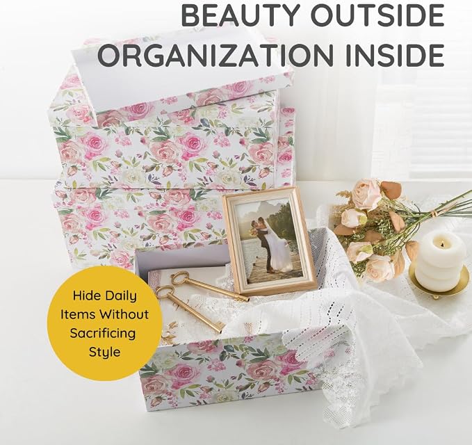 Soul & Lane - Summer Rose Decorative Storage Boxes with Lids, Set of 3 | Large Nesting Cardboard Keepsake Boxes for Photos and Gifts, Pink Vintage Rose Print Containers for Home Decor - Image 4