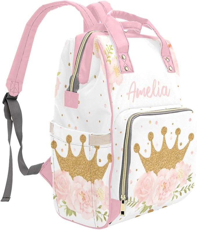 Personalized Crown with Flower Diaper Bag Backpack with Name – Waterproof Custom Baby Nappy Bag with Large Capacity & Multi Pockets – Shower Gift for Baby for New Parents - Image 3