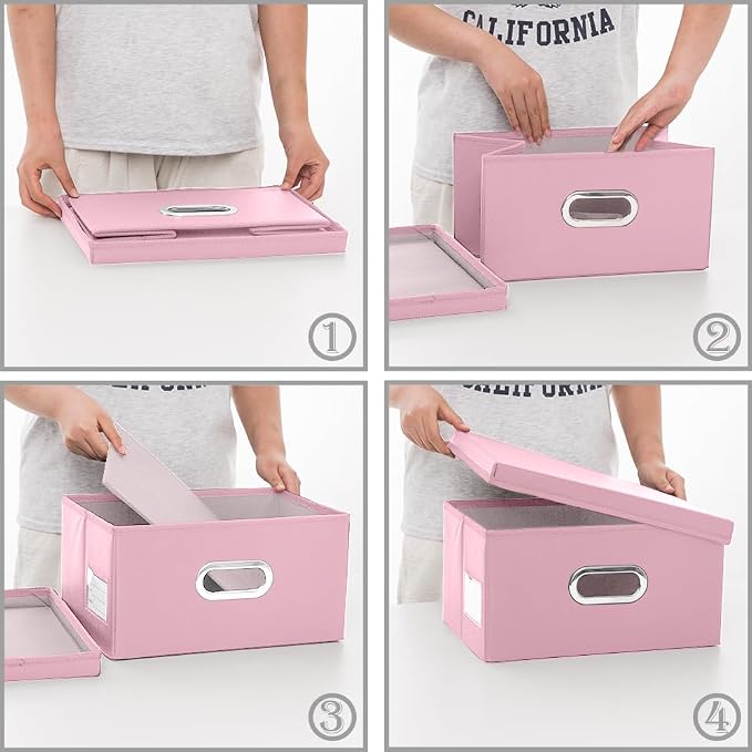 Collapsible Storage Box with Lid [3-Pack] Leather Fabric Foldable Storage Bin Organizer Container Basket Cube with Cover for Home Bedroom Closet Office Nursery Pink(13.6x9.6x6.9) - Image 4