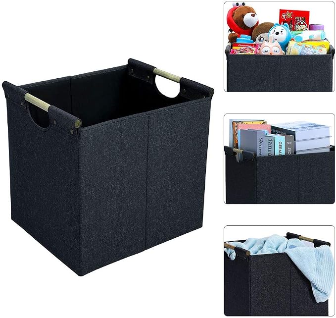 HOONEX Collapsible Storage Bins, 13x13x13in Storage Cubes Linen Fabric, 3 Pack, Storage Baskets with Wooden Carry Handles and Sturdy Heavy Cardboard, for Home, Office, Car, Nursery, Dark Grey - Image 2