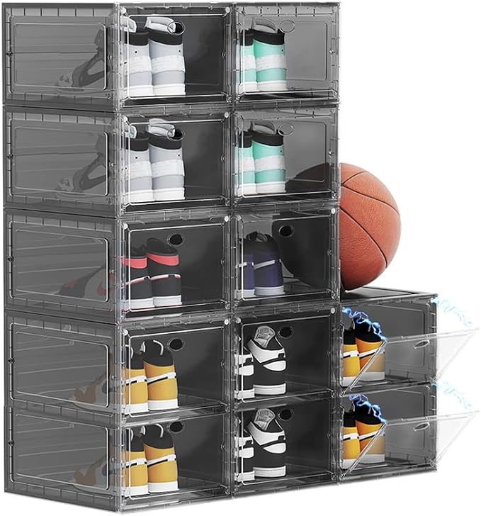 12 PACK Large Shoe Storage Boxes, Shoe Boxes Clear Plastic Stackable, Shoe Organizer for Size 12 (Grey 12 Pack) by OMOPINSHOEBOX