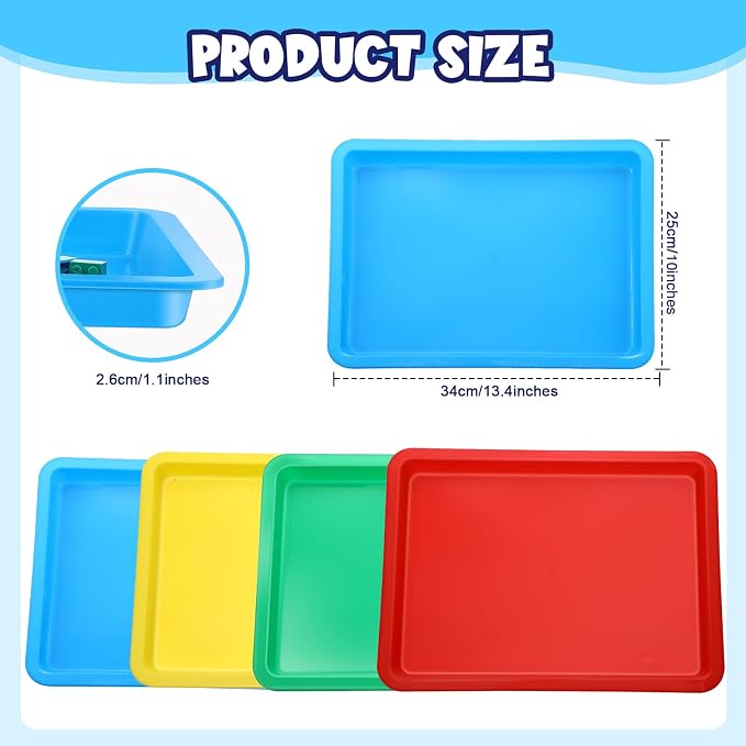 Remerry 4 Pcs Plastic Art Tray for Classroom Stackable Activity Craft Sand Tray Sensory Play Organizer for Kid Painting School Work Art Project Jewelry Sorting Supply (13.4 x 10 Inch,Rainbow Color) - Image 2
