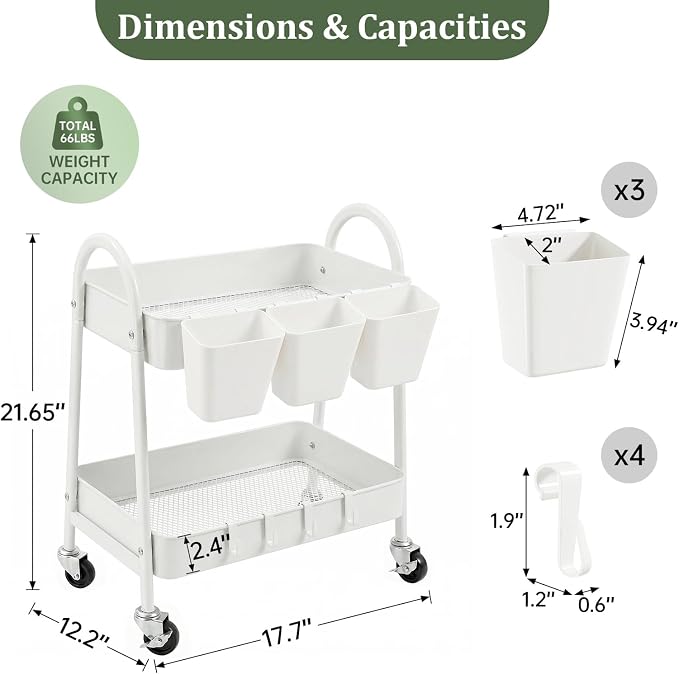 danpinera 2-Tier Rolling Cart, Utility Cart Mobile Metal Rolling Storage Cart with Lockable Wheels & Hanging Cups & Hooks for Kitchen, Bathroom, Office, Workshop, Purple - Image 2