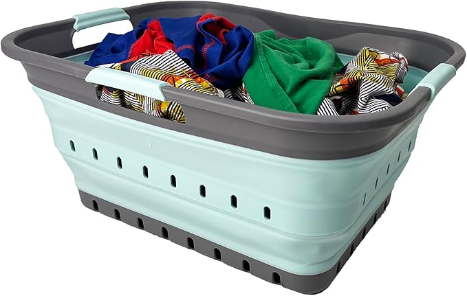 SAMMART 42 (11 Gallons) Collapsible Plastic Laundry Basket, Foldable Pop Up Storage Container/Organizer, Space Saving Hamper, Portable Bin for Dorm Room Bathroom (1, Grey/Lake Green) by SAMMART