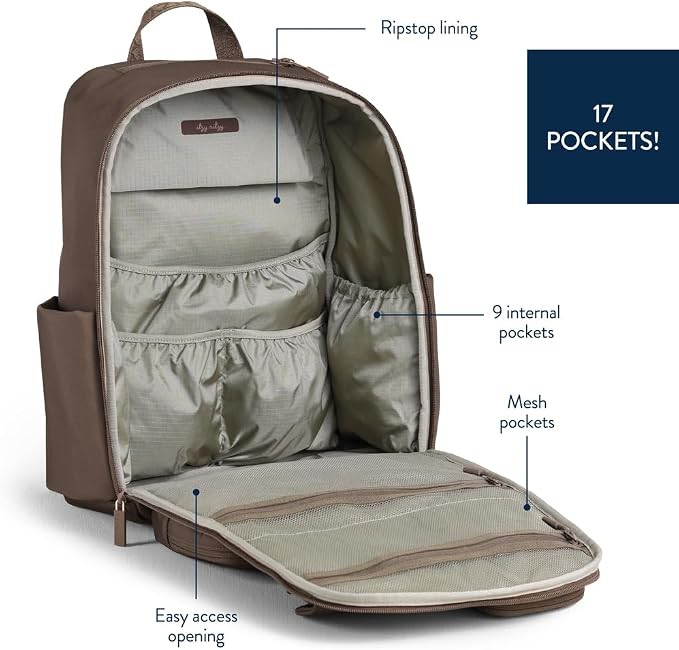 Itzy Ritzy Utility Diaper Bag Backpack, 17 Pockets w/Changing Pad (Mocha) | Travel-Ready Diaper Backpack with 2 Insulated Bottle Holders, Laptop Compartment, Trolley Sleeve, Straps, and Changing Pad - Image 4