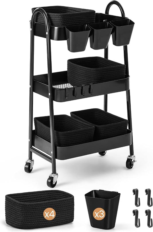 3-Tier Rolling Utility Cart with 4 Woven Baskets, Diaper Book Snack Cart, Storage Organizer for Nursery, Kitchen, Craft Room, Home SPA, Living Room, Metal Frame Trolley on Lockable Wheels, Black by AOZITA