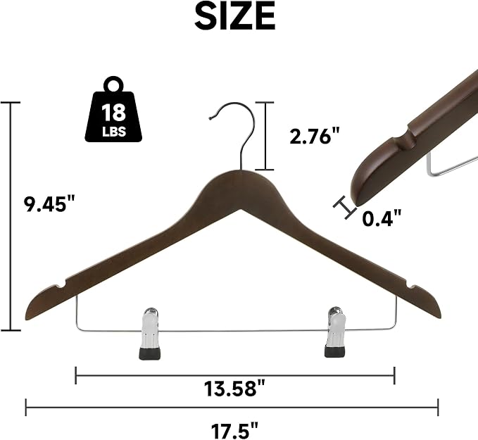 Wooden Hangers with Adjustable Metal Clips, 12-Pack, Walnut | Solid Wood Hangers with 360° Rotatable Hook for Skirt, Dress, Coats, Jacket and Pants, Space-Saving and Non-Slip Design - Image 2