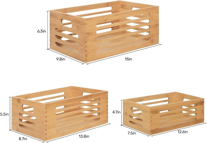 ANMINY Wood Storage Bins Crates, Nesting 3PCS, Mortise-Tenon | Natural Bamboo Boxes Bins with Built-in Handles, Sturdy Corner Joints, Hollow Stripe Design, Nestable for Pantry Shelf - Image 5