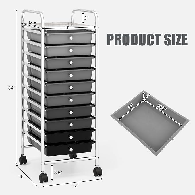 GOFLAME 10-Drawer Rolling Storage Drawer Cart, Utility Cart with Removable Drawers & Metal Frame, Mobile Art Craft Drawer Cart with Lockable Wheels for Home, Office, Studio, School, Gray Gradient - Image 3