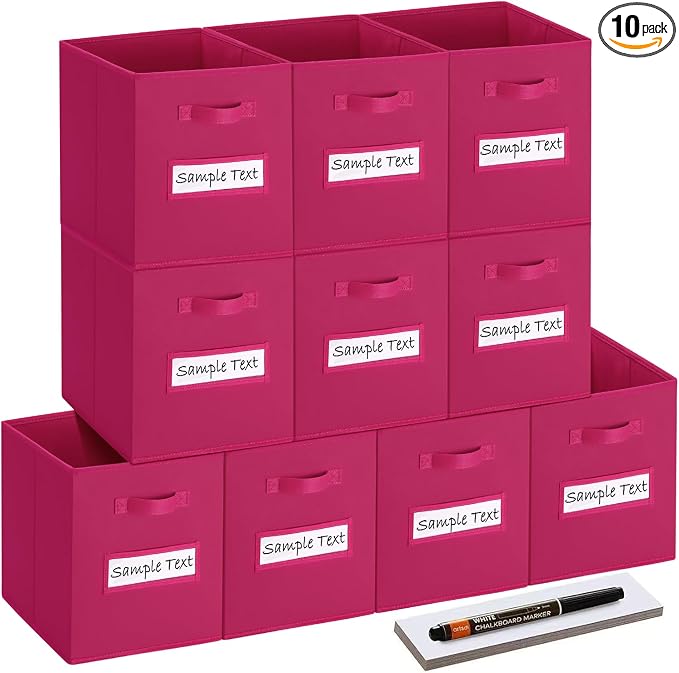 13x13 storage cube bins (Set of 10) Foldable Fabric storage cubes with 10 Labels Window Cards & a Pen,13 inch cube storage bins,Closet Organizers for Shelves,Cubby Organizer Boxes,Dark pink by Artsdi