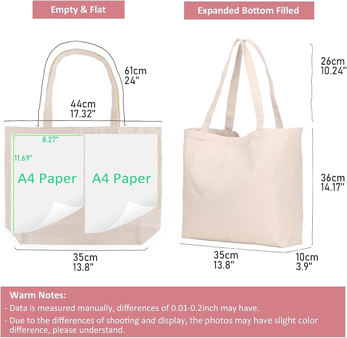 Koolmox Canvas Tote Bags, 6PCS 17x14x3.9'' Heavy Duty Canvas Bags with Reforce Handles and Widened Bottom, Reusable Washable Tote Bag Bulk Blank to DIY Art Crafts Print Women Grocery Teacher - Image 4