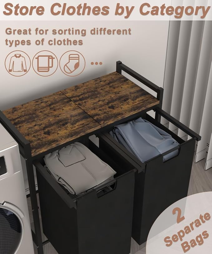12 x 2 Gal Large Laundry Hamper with Wheels, 2 Pull-Out & Removable Sorter Bags, Freestanding Clothes Basket Organizer for Clothing or Toys in Bathroom and Living Room, Rustic Brown and Black - Image 2