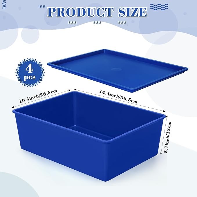 4 Pcs Storage Bins with Lids, Dark Blue, Light Blue, Large | Plastic Stackable Organizing Containers, Heavy Duty Storage Boxes for Classroom Room Shelves, Christmas Ornaments Baskets - Image 2
