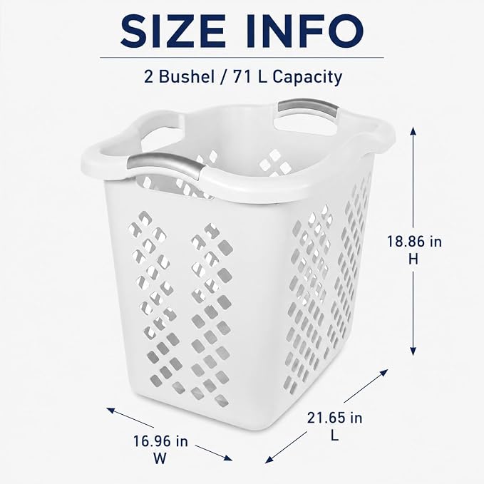 Laundry Basket 2 Pack 2 Bushel Plastic with Handles White | Wide Base and Tall Sides – Stays upright when full. Fits closets and on top of machines. Also organizes toys and sports gear. - Image 3