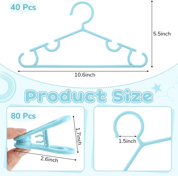 Hsei Baby Hanger with Clip for Pant,120 Packs Total,Sky Blue,10.6 Inch | 40 Kids Plastic Hanger with 80 Clips for Newborn, Nursery, Daycare, Preschool, Closet, Wardrobe Organizer for Baby Shower - Image 2