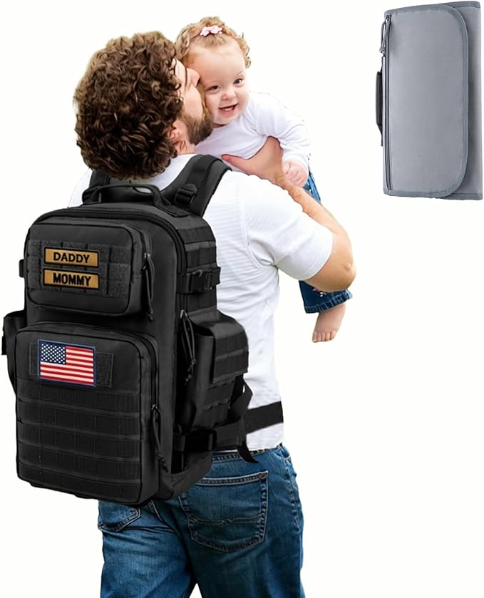 SHARKMOUTH Diaper Bag Military for Men - Large Baby Backpack with Changing Pad for Active Dad - Insulated for Outdoor Travel Camping Park Trips Black by SHARKMOUTH