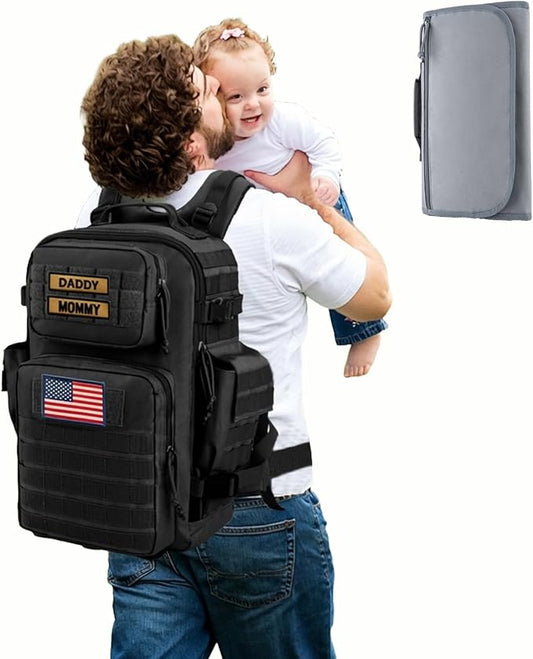 SHARKMOUTH Diaper Bag Military for Men - Large Baby Backpack with Changing Pad for Active Dad - Insulated for Outdoor Travel Camping Park Trips Black by SHARKMOUTH