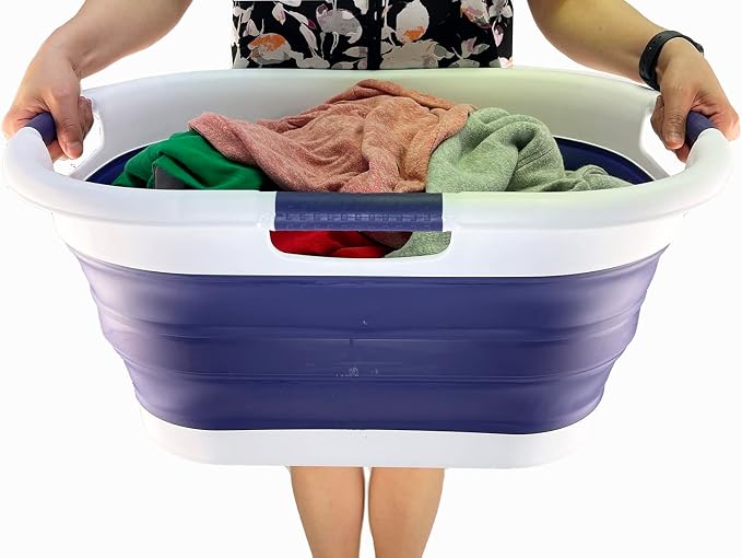 SAMMART Set of 2 Collapsible 3 handled Plastic Laundry Basket-Oval Tub/Basket-Foldable Storage Container/Organizer-Portable Washing Tub-Space Saving Laundry Hamper (40L Oval-White/Navy Blue) - Image 6