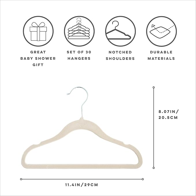 3 Sprouts Velvet Baby Hangers, Non Slip Slim, Beige, 30 Pack | Non-slip velvet, Notched shoulders, 360-degree swivel hook, 11.75 x 8 in, Infant and toddler clothes, Soft colors for nursery - Image 4