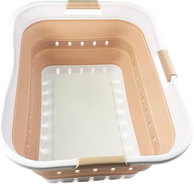 SAMMART 42L (11 gallon) Collapsible Plastic Laundry Basket - Foldable Pop Up Storage Container/Organizer - Space Saving Hamper/Basket (White/Beige) by SAMMART