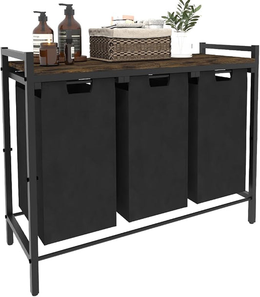 10 x 3 Gal Large Laundry Hamper, Rustic Brown and Black | Freestanding Clothes Basket Organizer with 3 Pull-Out & Removable Sorter Bags for Clothing or Toys in Bathroom & Living Room by WAALIJI
