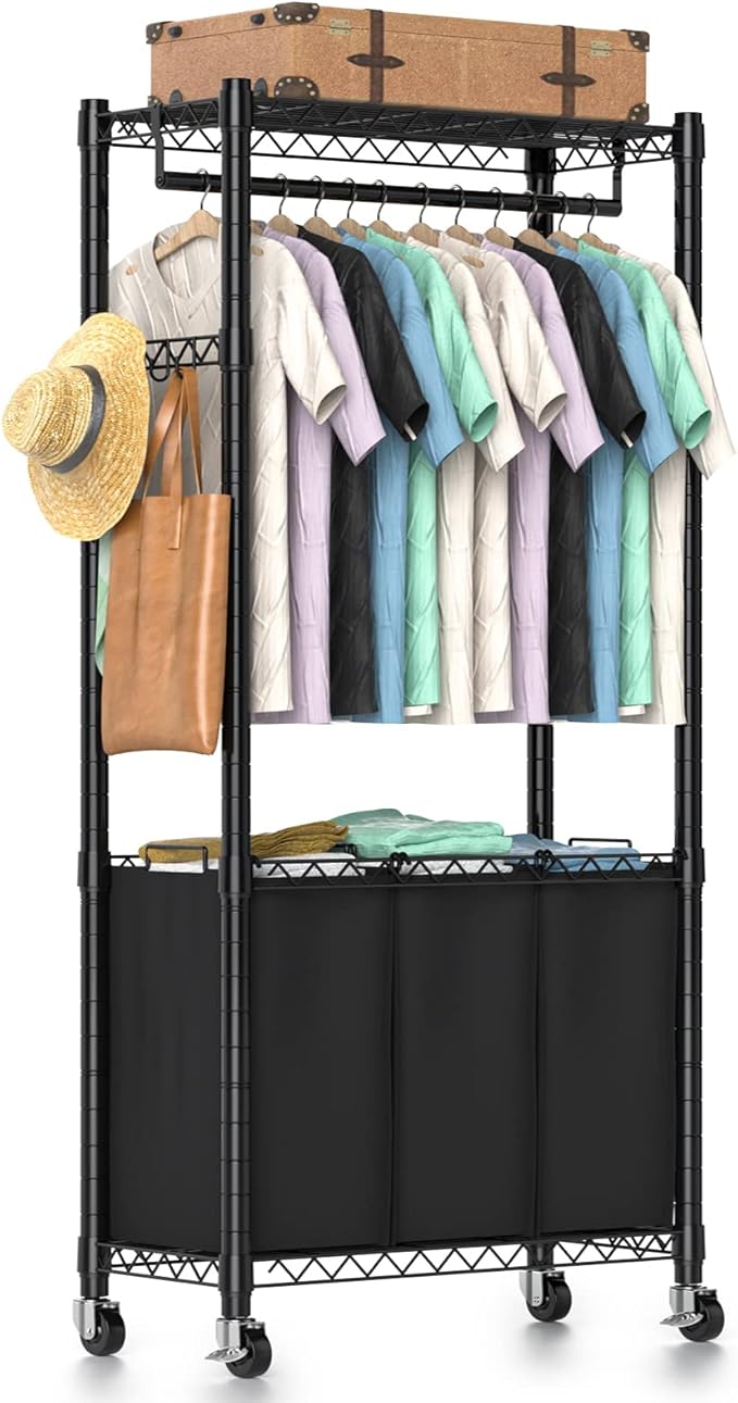 Hodonas Rolling Laundry Basket with Wheels and Hanging Bar, Black | 3 Section, with 3 Removable Bags, with 2 inches Wheels, Suitable for Storing Clothes in Laundry Bedroom Bathroom by Hodonas