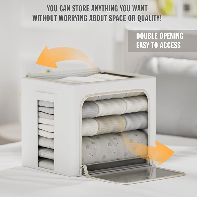 FHSQX 2 Pack Clear Window Storage Bins Large Stackable Linen Fabric Storage for Clothes Foldable Container Organizer Set with Carrying Handles (Lvory White, 15.7x 11.8x 7.8Inch) - Image 3