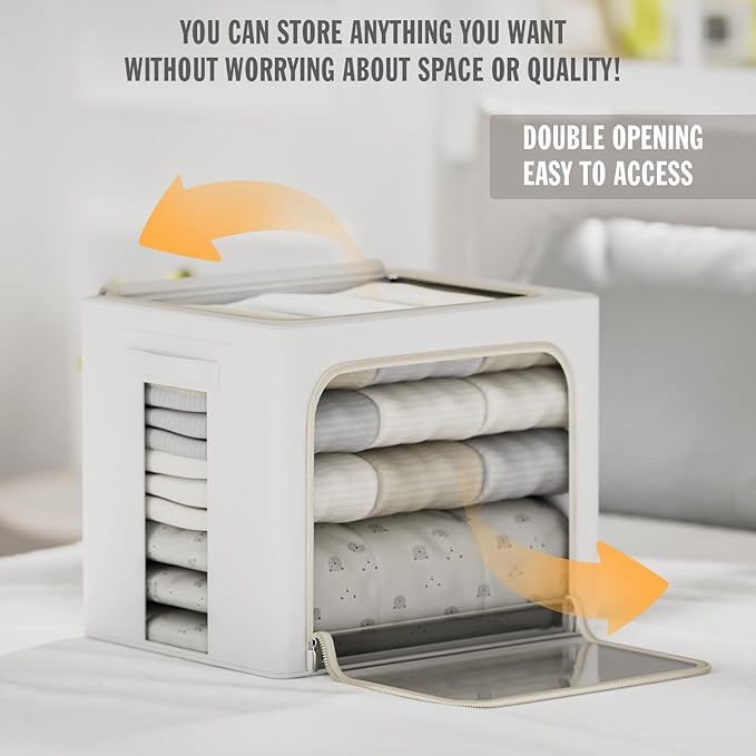 FHSQX 2 Pack Clear Window Storage Bins Large Stackable Linen Fabric Storage for Clothes Foldable Container Organizer Set with Carrying Handles (Lvory White, 19.7x 15.7x 12.6 Inch) - Image 2