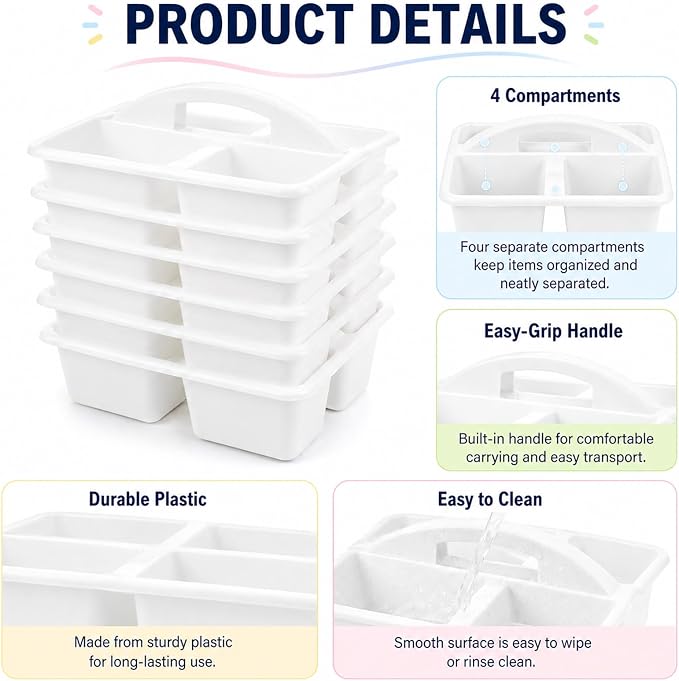 gisgfim 6 Pack Plastic Classroom Caddy with 4-Compartments Plastic Storage Caddies with Handle 4 Compartments Table Caddy Organizer Versatile Table Caddies for Classroom Office, White - Image 3