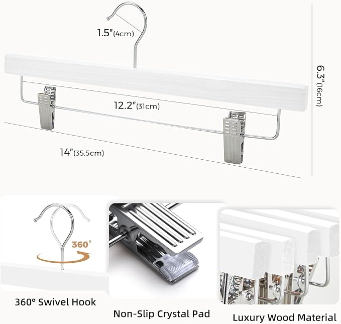 HOUSE DAY Wooden Pants Hangers with Clips, 50 Pack Skirt Hangers, White | 14-Inch Wood Hangers with Adjustable Non-Slip Metal Clips & 360° Swivel Hooks, Heavy Duty for Jeans, Slacks, Trousers, Shorts - Image 2