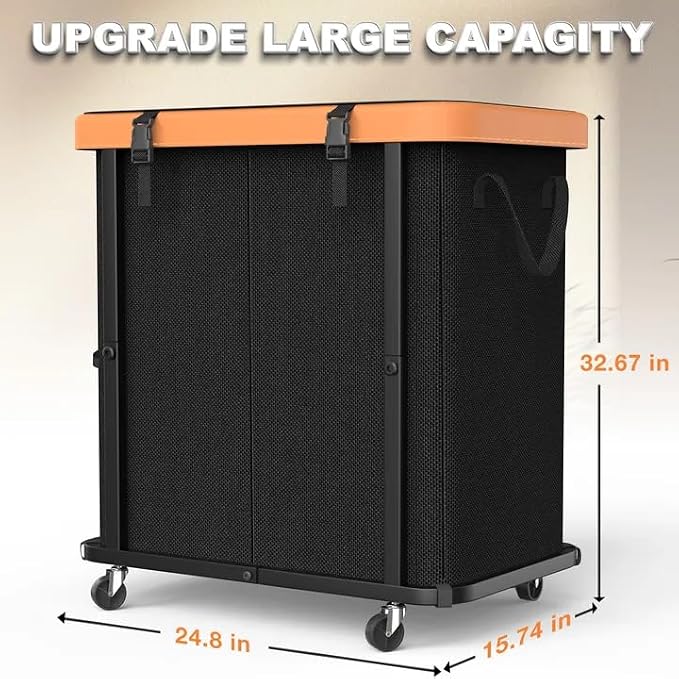 Laundry Basket with Wheels,190L Leather Patchwork Laundry Hamper 2 Setion | Sturdy Metal Frame, Removable Washable Bag, Tall Clothes Sorter for Bedroom - Black - Image 7