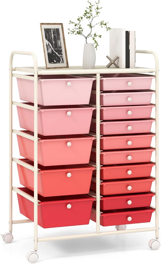 RELAX4LIFE 15-Drawer Storage Drawer Carts - Mobile Rolling Utility Cart w/Wheels, Craft Organizer for Classroom Organization and Storage, School, Office, Home, Storage Organizer Cart (Gradient Pink) by RELAX4LIFE