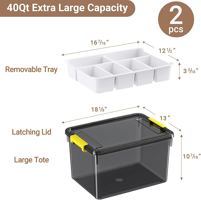 80Qt Stackable Storage Bins with Lids Trays Craft Box Organizers, 2Pack, GY | Clear Plastic Latching Boxes Organizers with Dividers Portable Containers for Arts & Crafts, Home Office Classroom Car Trunk - Image 2