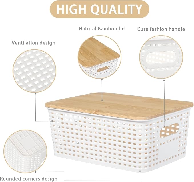 Plastic Storage Bins With Lid Stackable Organizing Container Woven Lidded Storage Organizer Baskets for Shelves Drawers Desktop Closet Playroom Classroom Office,6 Pack - Image 3