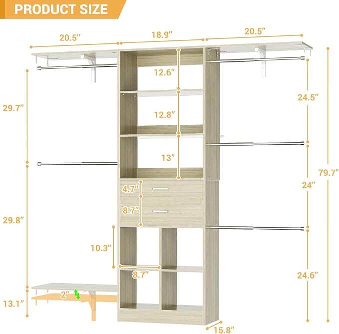 Small Closet System - 5FT Closet Organizer System with Wooden Drawers, 60 Inches Walk In Closet System With 5 Hanging Rods, Can Fit 1.58 to 6.8 FT with Reversible Hanging Shelving, Greige Oak - Image 8