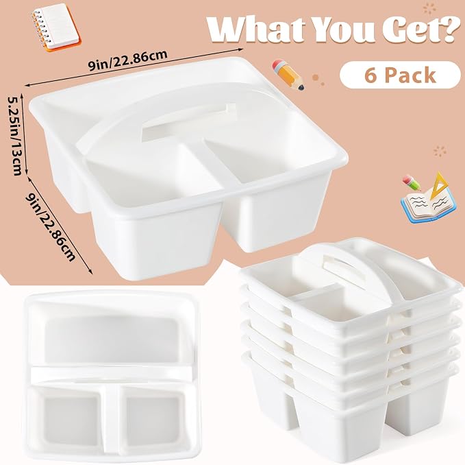 6 Pack Classroom Caddy with Handle Plastic Storage Caddy Organizer with 3 Compartments Desk Caddies Holder Portable Storage Bin for Pencil, Crayon, Marker, Home, Office, School Supplies(White) - Image 2
