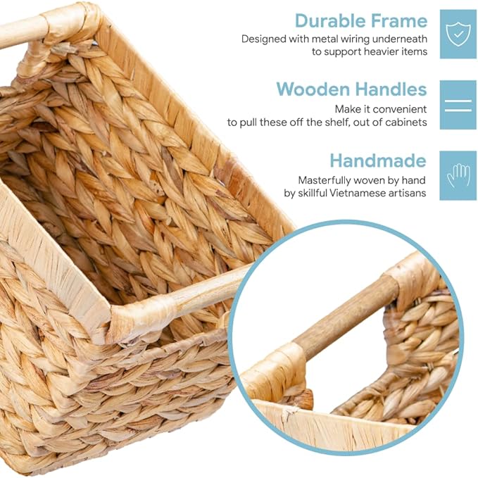 Small Wicker Baskets for Organizing Bathroom, Hyacinth Baskets for Storage, Wicker Storage Basket with Wooden Handle, Decorative Small Basket 10 x 7.5 x 6.3 inches - 3 Pack - Image 3