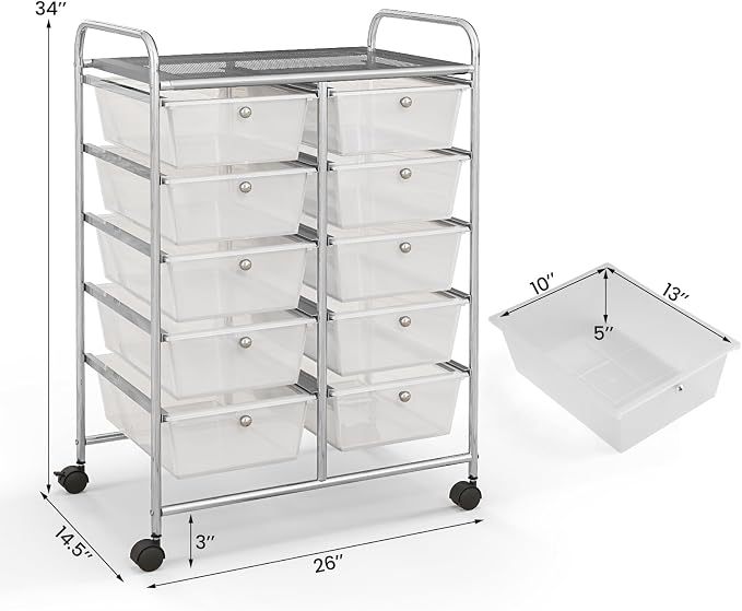 Giantex 10 Drawers Rolling Cart, Classroom Organizers, Storage Cart with Wheels, for Teacher Office Home School Supplies Tool Craft Art Paper, Clear White - Image 3