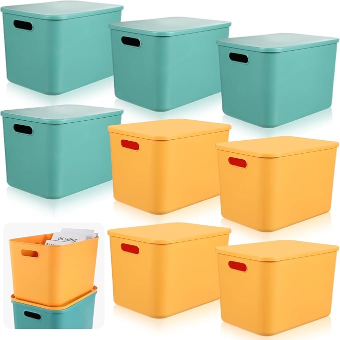 8 Pack Storage Bins, 14.2 X 10.2 X 9.5 Inch Green and Yellow | Plastic Stackable Containers with Lid Handle, For Shelves Desktop Playroom Office, Organizing Toys Books Supplies Storage by Hoolerry