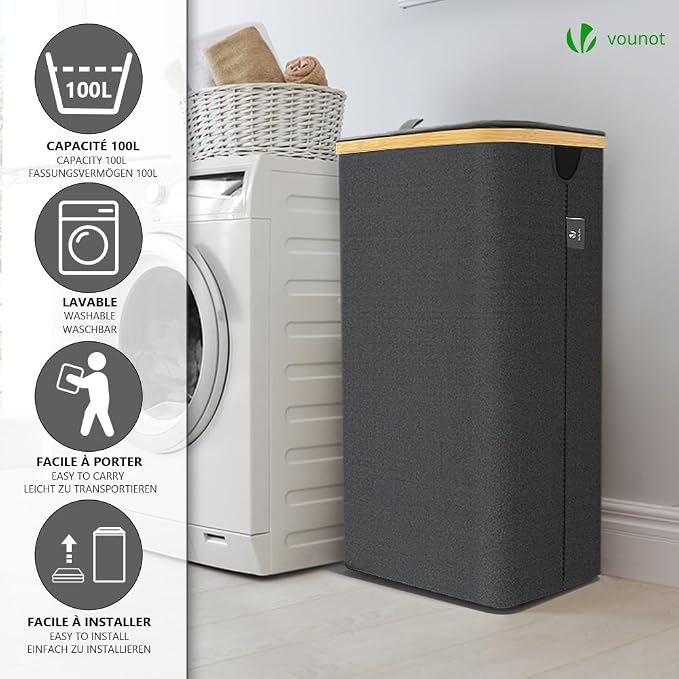VOUNOT Foldable Laundry Basket 100L with Lid Handles, Collapsible Linen Basket with Inner Laundry Bags Freestanding Laundry Hamper Bin for Bedroom, Bathroom, Gray - Image 6